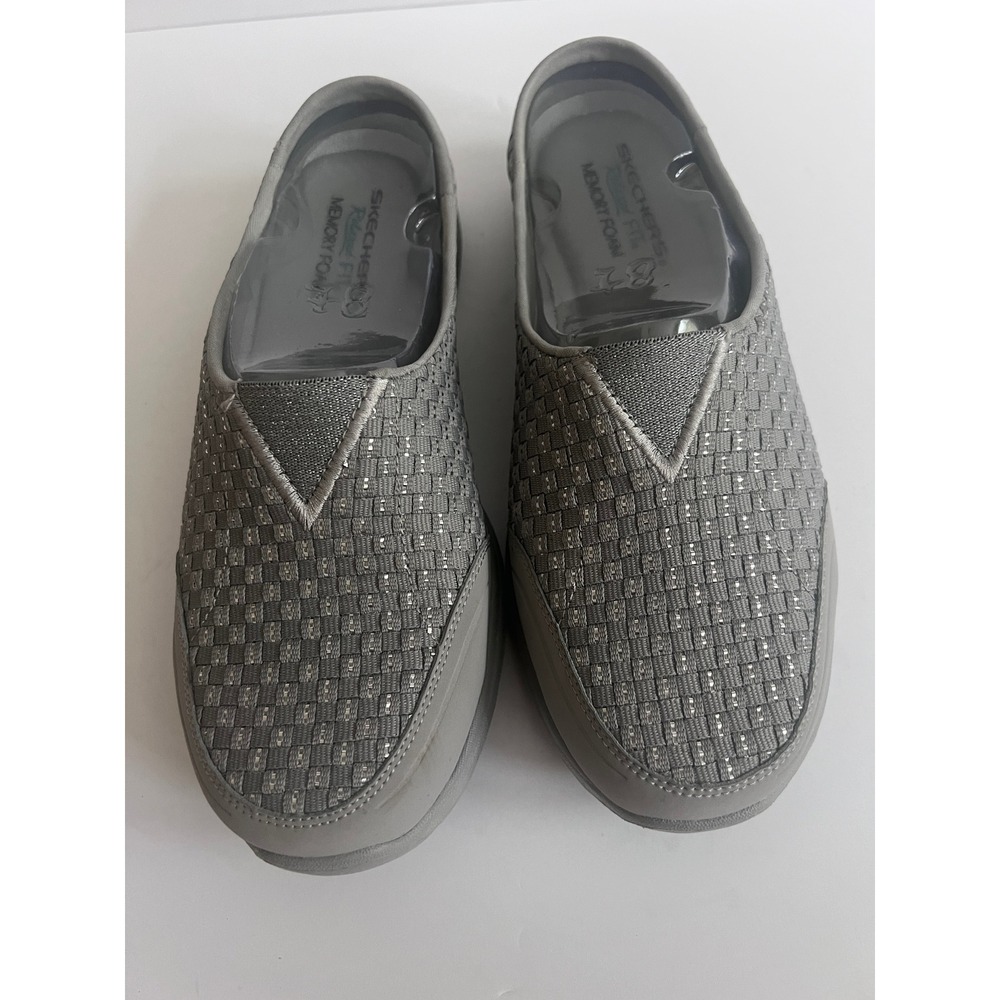Skechers Relaxed Fit Memory Foam Grey Woven Mules Womens 8.5 Slip On Shoes